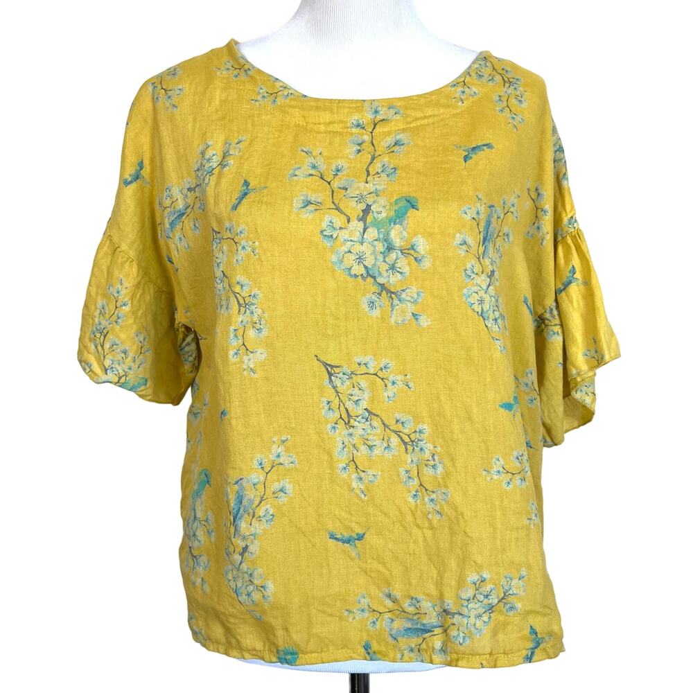 Bellambra Women’s Linen Top Oversized Floral Birds Bell Sleeve Made Italy Sz S